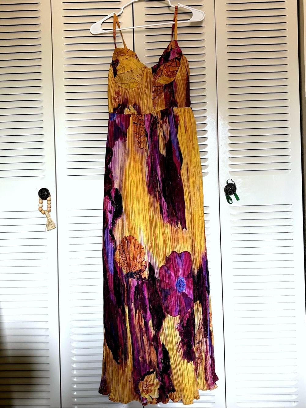 Yellow & Purple Floral Pleated Spaghetti-Strap Maxi Dress